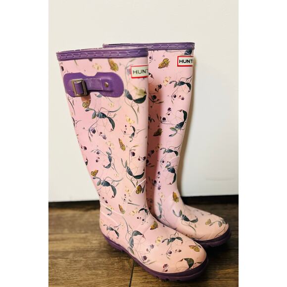 Hunter Wellington Floral Butterfly Rain Boots Purple Sz 7F Cottagecore Whimsical - Picture 3 of 8
